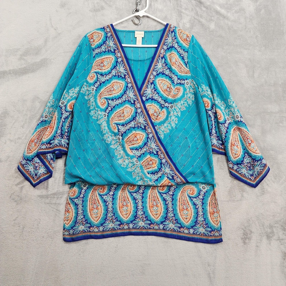 Chico's Top Womens‎ 1 8/M Blue Metallic Paisley Surplice Bell Sleeve Tunic Boho